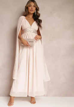 Różowa Maxi Sukienka o Rozkloszowanym Fasonie Ozdobiona Cekinami na Szerokich Ramiączkach Nedilva