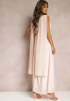 Różowa Maxi Sukienka o Rozkloszowanym Fasonie Ozdobiona Cekinami na Szerokich Ramiączkach Nedilva