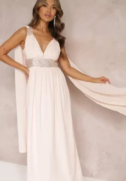 Różowa Maxi Sukienka o Rozkloszowanym Fasonie Ozdobiona Cekinami na Szerokich Ramiączkach Nedilva