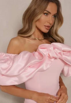 Różowa Mini Sukienka o Dopasowanym Fasonie z Hiszpańskim Dekoltem Callacia