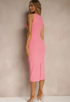 Różowa Ołówkowa Sukienka Bez Rękawów z Wiskozą Zdobiona Rozcięciem z Tyłu Fonama