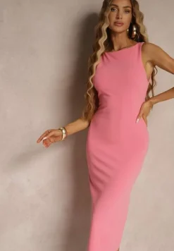 Różowa Ołówkowa Sukienka Bez Rękawów z Wiskozą Zdobiona Rozcięciem z Tyłu Fonama
