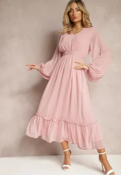 Różowa Plisowana Sukienka Koktajlowa Ozdobiona Guzikami i Falbankami Osumia