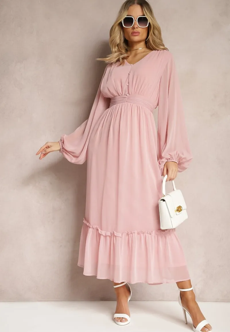 Różowa Plisowana Sukienka Koktajlowa Ozdobiona Guzikami i Falbankami Osumia