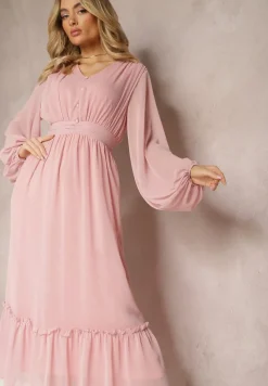 Różowa Plisowana Sukienka Koktajlowa Ozdobiona Guzikami i Falbankami Osumia