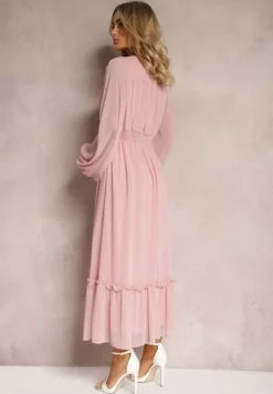 Różowa Plisowana Sukienka Koktajlowa Ozdobiona Guzikami i Falbankami Osumia