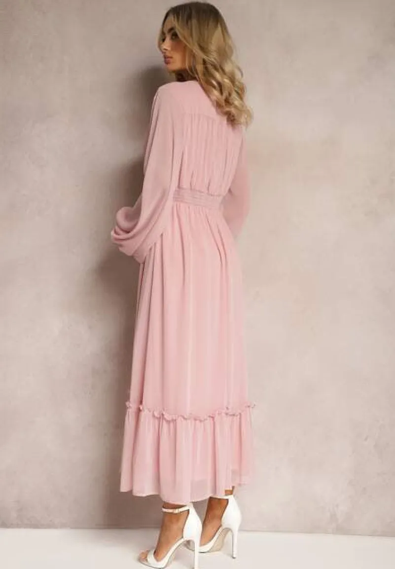 Różowa Plisowana Sukienka Koktajlowa Ozdobiona Guzikami i Falbankami Osumia