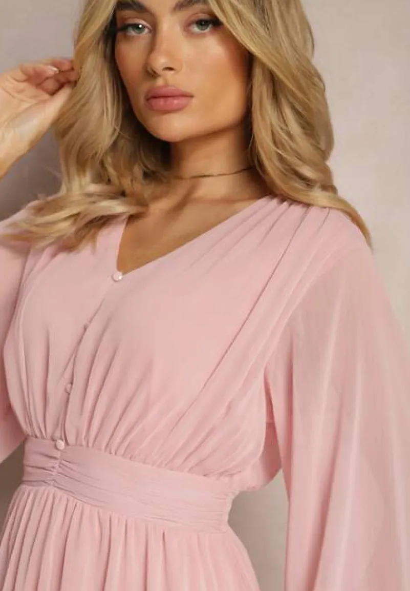 Różowa Plisowana Sukienka Koktajlowa Ozdobiona Guzikami i Falbankami Osumia