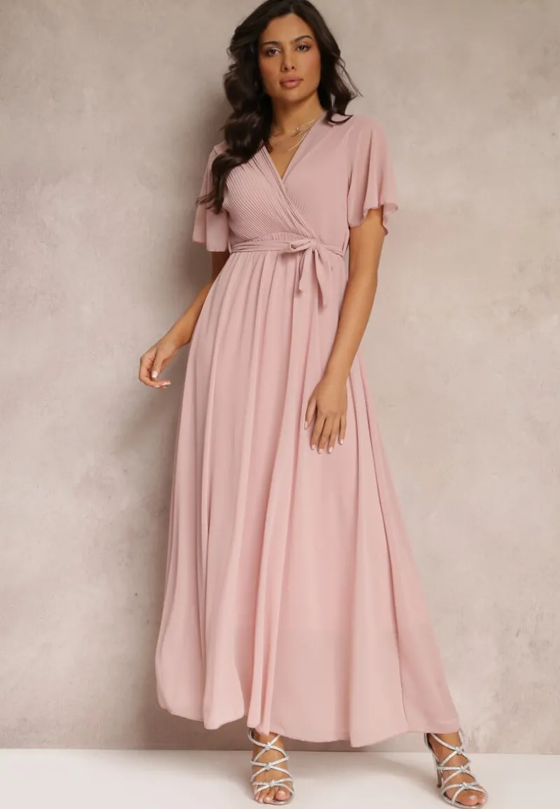 Różowa Plisowana Sukienka z Kopertowym Dekoltem i Gumką w Talii Dimitris