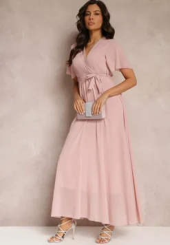 Różowa Plisowana Sukienka z Kopertowym Dekoltem i Gumką w Talii Dimitris