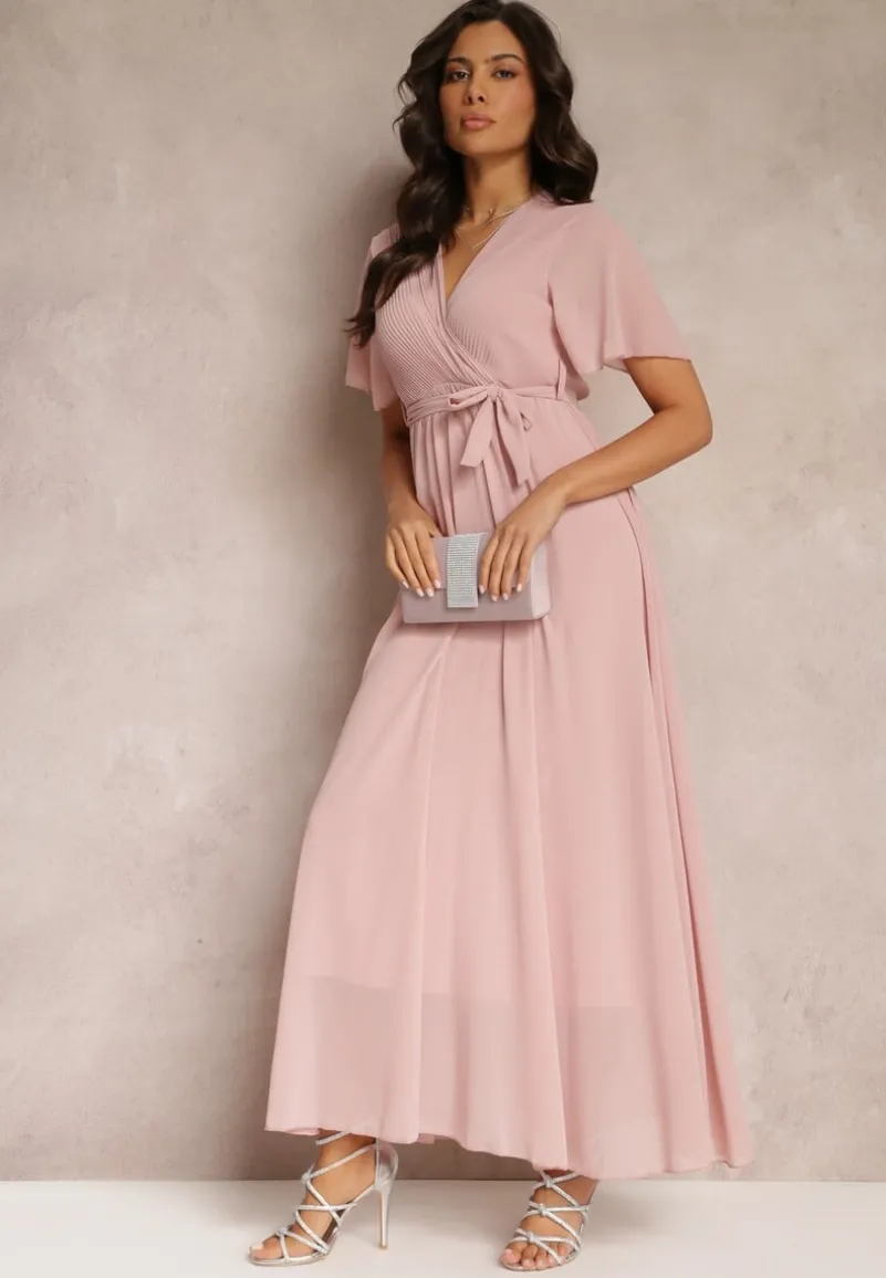 Różowa Plisowana Sukienka z Kopertowym Dekoltem i Gumką w Talii Dimitris