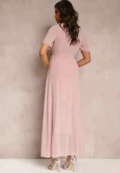 Różowa Plisowana Sukienka z Kopertowym Dekoltem i Gumką w Talii Dimitris