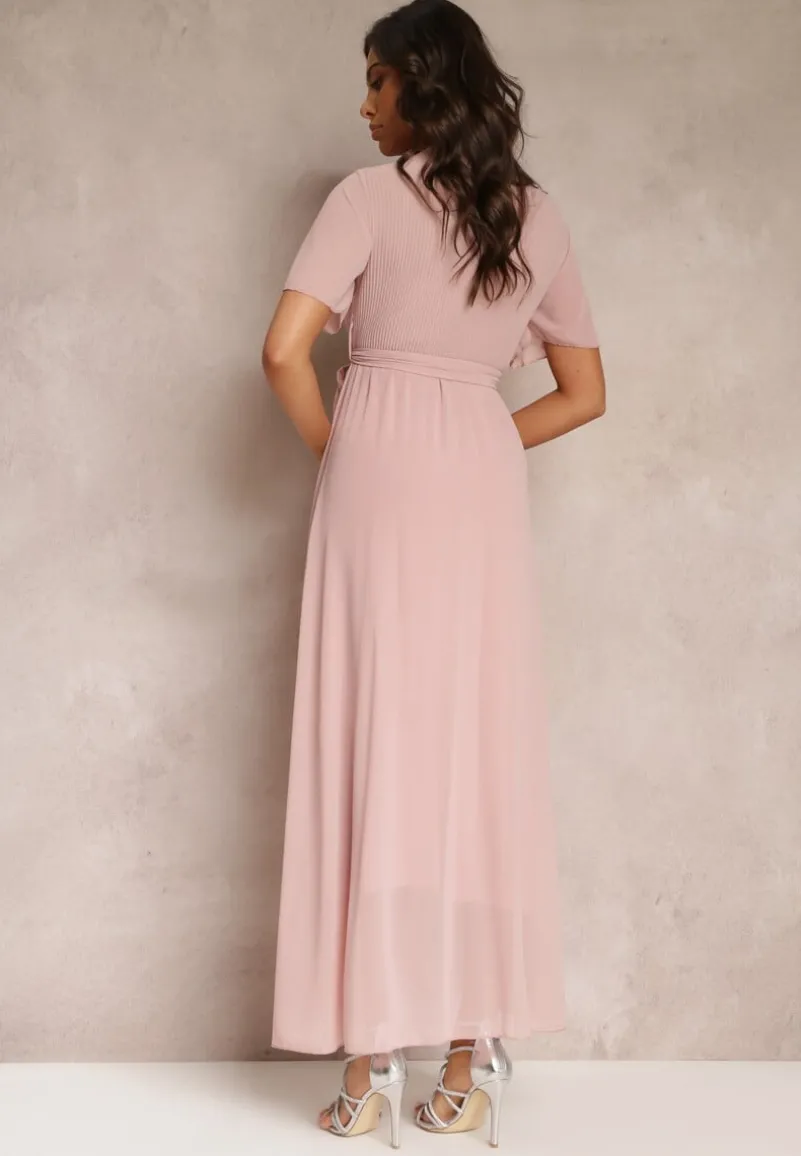 Różowa Plisowana Sukienka z Kopertowym Dekoltem i Gumką w Talii Dimitris