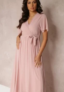 Różowa Plisowana Sukienka z Kopertowym Dekoltem i Gumką w Talii Dimitris