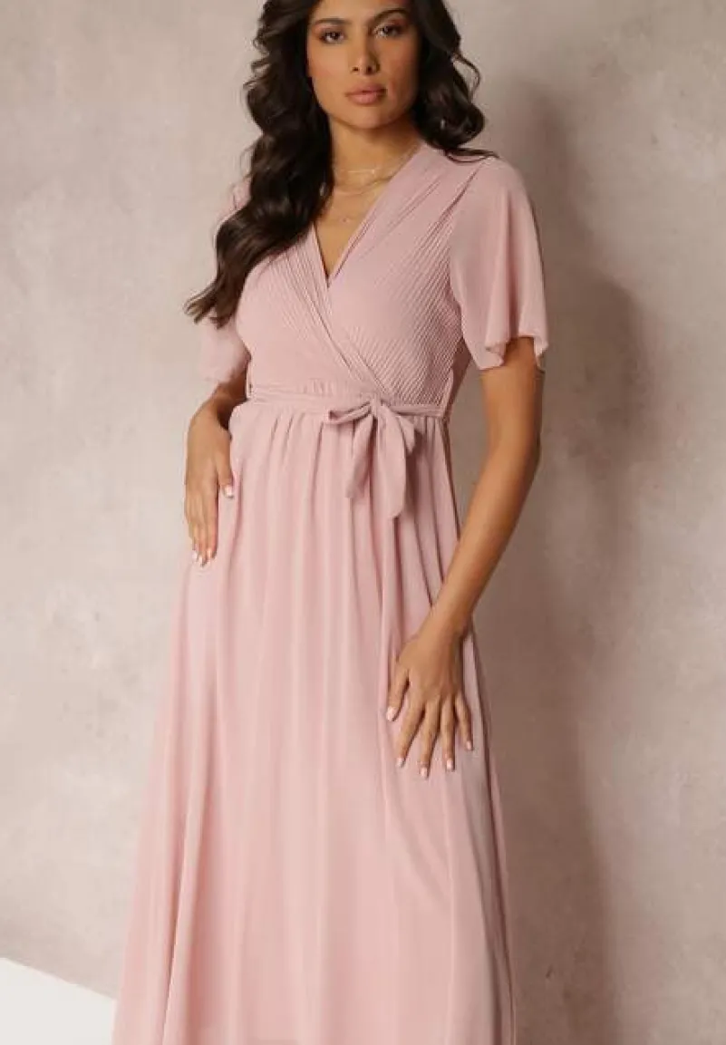 Różowa Plisowana Sukienka z Kopertowym Dekoltem i Gumką w Talii Dimitris
