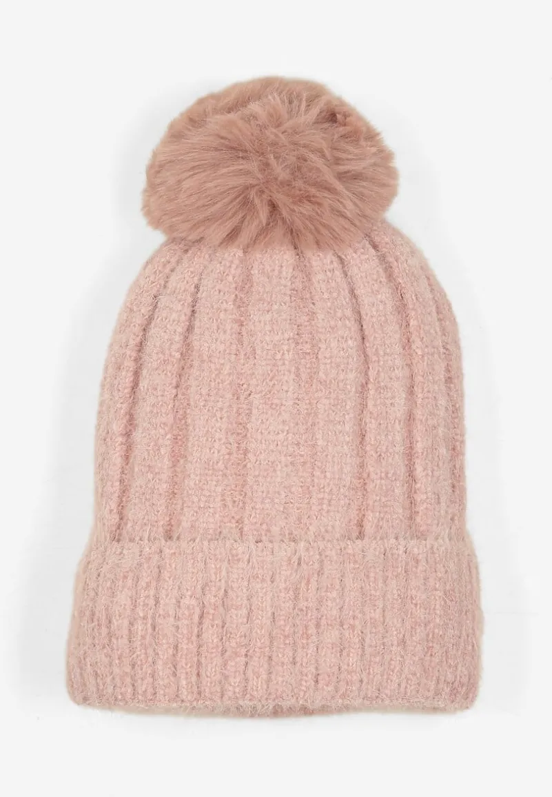 Różowa Prążkowana Czapka Ozdobiona Pomponem Vamilora