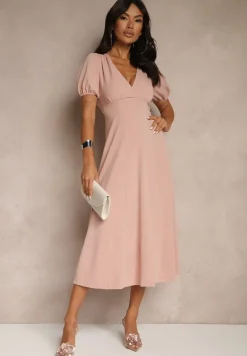 Różowa Rozkloszowana Sukienka Koktajlowa Ozdobiona Wiązaniem Ziverine