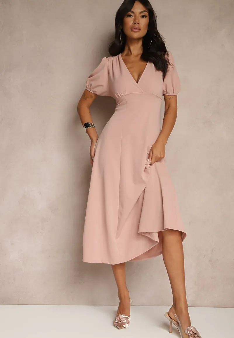 Różowa Rozkloszowana Sukienka Koktajlowa Ozdobiona Wiązaniem Ziverine