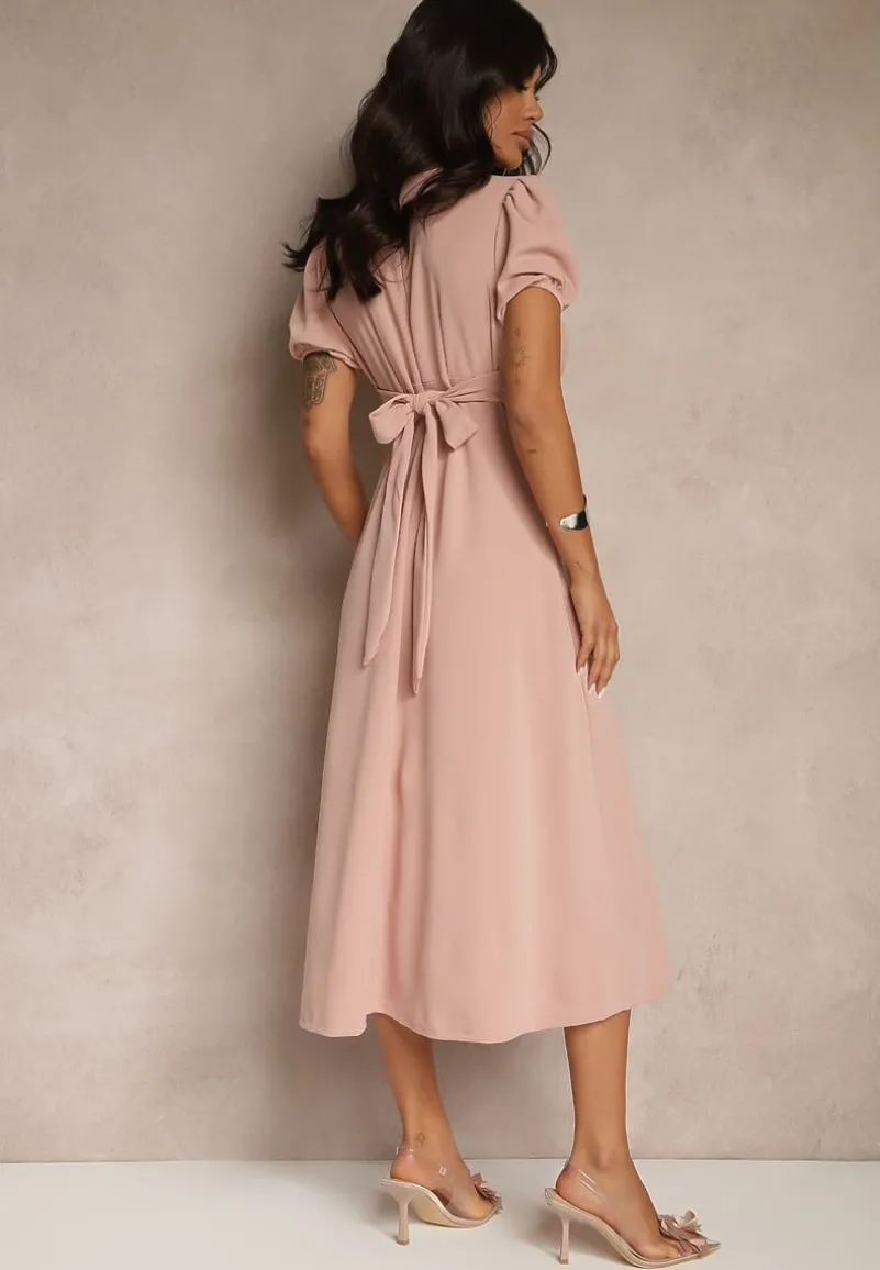 Różowa Rozkloszowana Sukienka Koktajlowa Ozdobiona Wiązaniem Ziverine