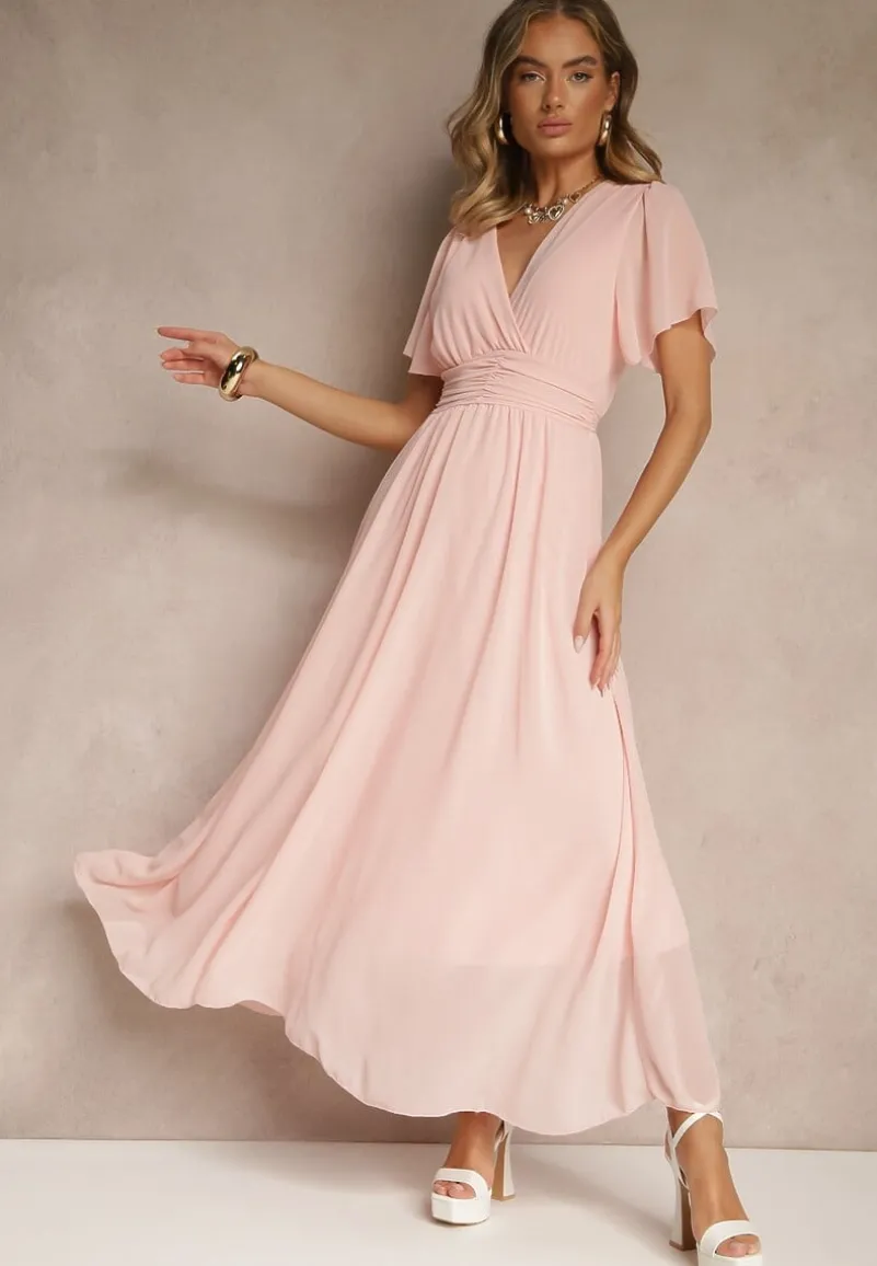 Różowa Rozkloszowana Sukienka z Kopertowym Dekoltem Obillis