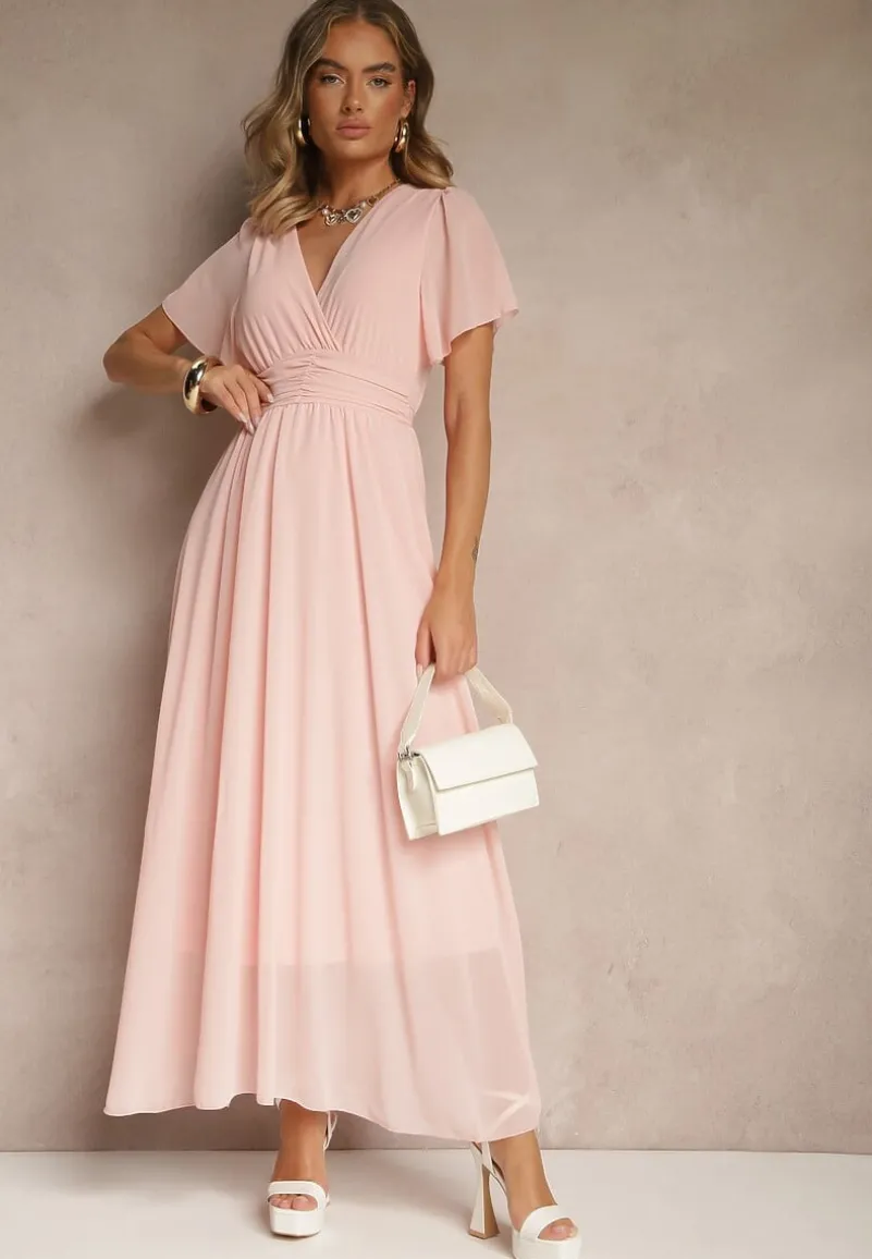 Różowa Rozkloszowana Sukienka z Kopertowym Dekoltem Obillis