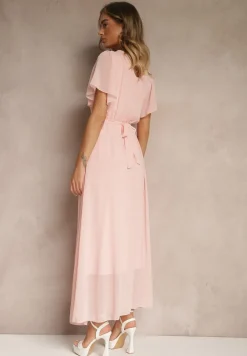 Różowa Rozkloszowana Sukienka z Kopertowym Dekoltem Obillis