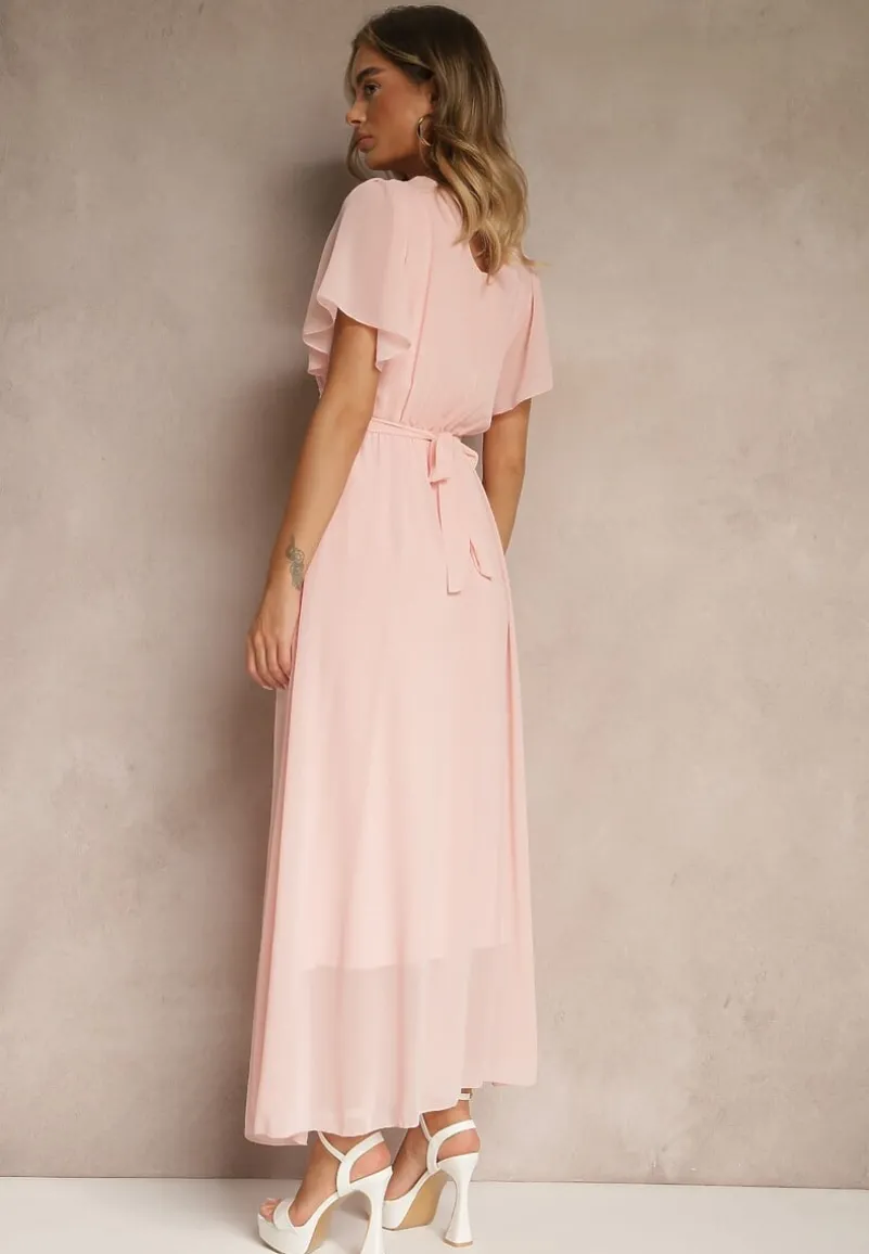 Różowa Rozkloszowana Sukienka z Kopertowym Dekoltem Obillis