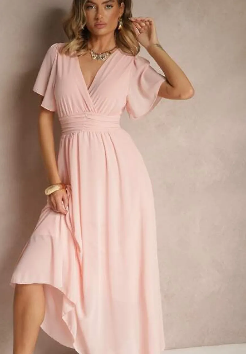 Różowa Rozkloszowana Sukienka z Kopertowym Dekoltem Obillis