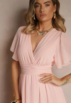 Różowa Rozkloszowana Sukienka z Kopertowym Dekoltem Obillis