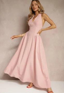 Różowa Rozkloszowana Sukienka Halter z Wiązaniem i Odkrytymi Plecami Senicce