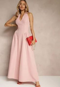 Różowa Rozkloszowana Sukienka Halter z Wiązaniem i Odkrytymi Plecami Senicce