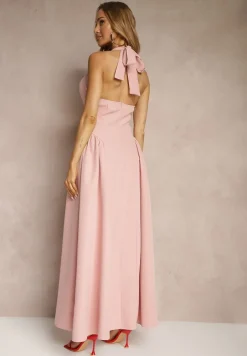 Różowa Rozkloszowana Sukienka Halter z Wiązaniem i Odkrytymi Plecami Senicce