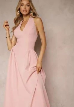 Różowa Rozkloszowana Sukienka Halter z Wiązaniem i Odkrytymi Plecami Senicce