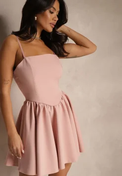 Różowa Rozkloszowana Sukienka z Gorsetową Górą na Ramiączkach Leannith