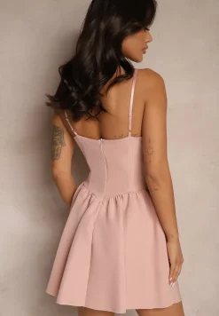 Różowa Rozkloszowana Sukienka z Gorsetową Górą na Ramiączkach Leannith