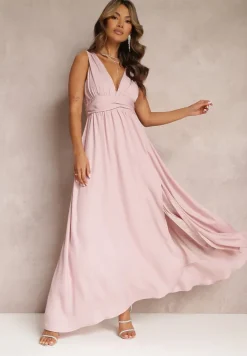 Różowa Rozkloszowana Sukienka Maxi na Ramiączkach z Rozcięciem Ernames