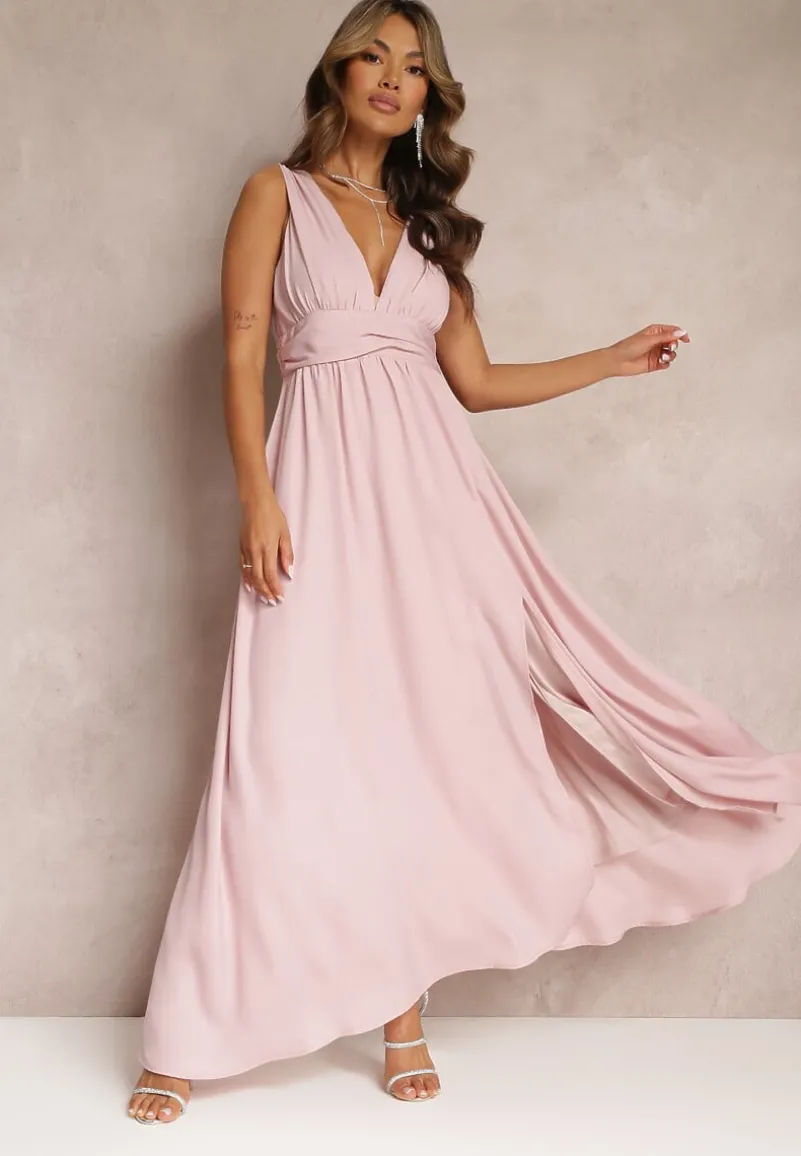 Różowa Rozkloszowana Sukienka Maxi na Ramiączkach z Rozcięciem Ernames