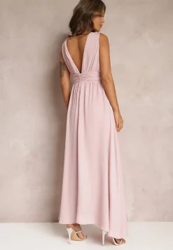 Różowa Rozkloszowana Sukienka Maxi na Ramiączkach z Rozcięciem Ernames