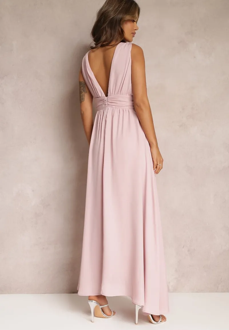 Różowa Rozkloszowana Sukienka Maxi na Ramiączkach z Rozcięciem Ernames