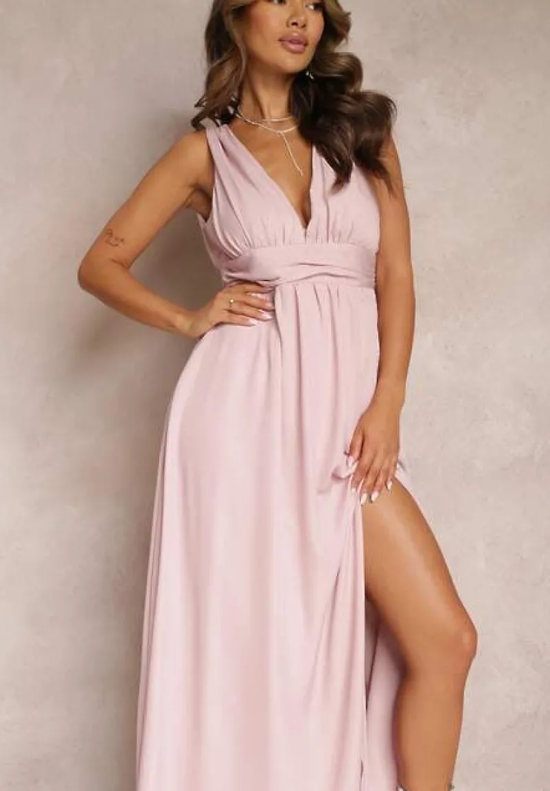 Różowa Rozkloszowana Sukienka Maxi na Ramiączkach z Rozcięciem Ernames