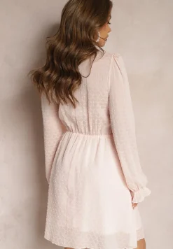 Różowa Rozkloszowana Sukienka Pokryta Transparentną Tkaniną z Wycięciami po Bokach Cedriona