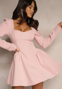 Różowa Rozkloszowana Sukienka Koktajlowa z Gorsetową Górą i Falbankami Arisora