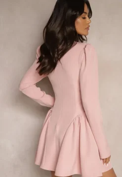 Różowa Rozkloszowana Sukienka Koktajlowa z Gorsetową Górą i Falbankami Arisora