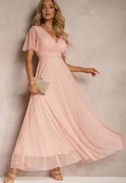 Różowa Siateczkowa Sukienka z Kopertowym Dekoltem Wiązana w Talii Niblea