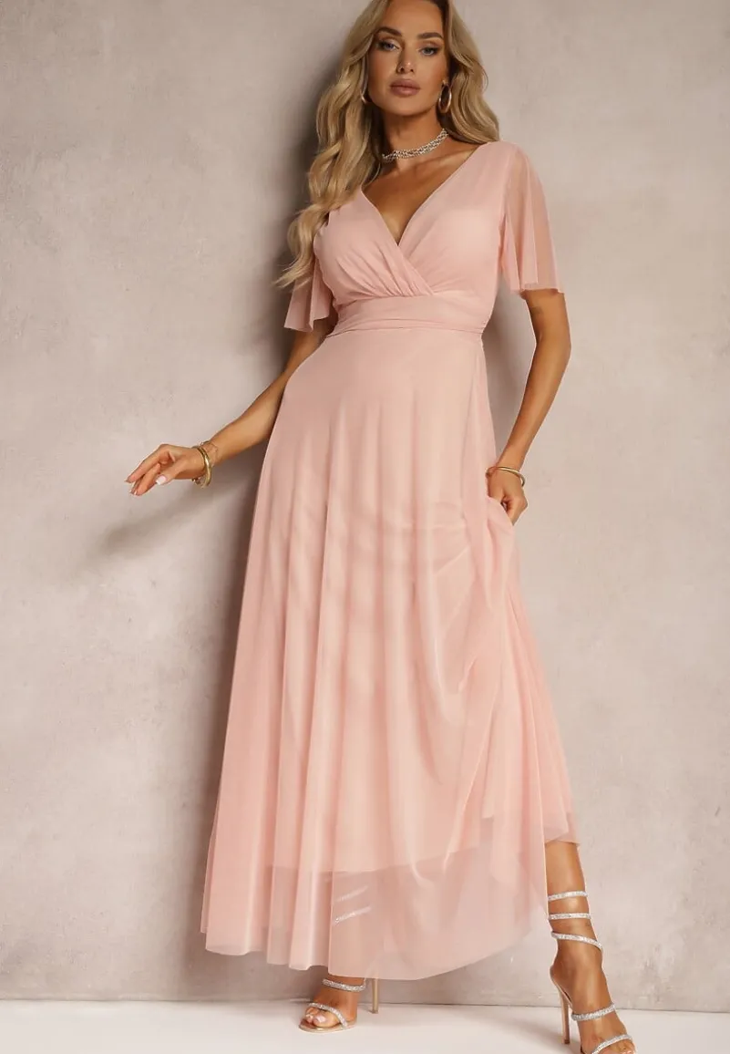 Różowa Siateczkowa Sukienka z Kopertowym Dekoltem Wiązana w Talii Niblea