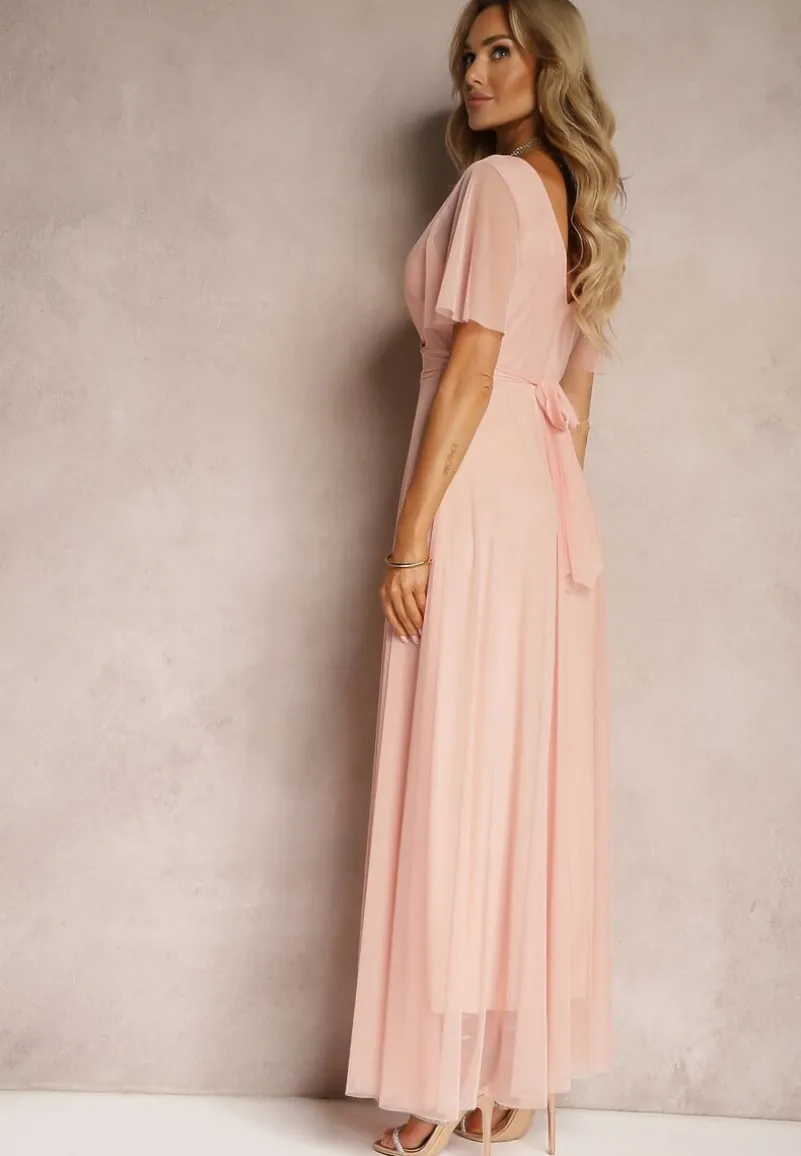 Różowa Siateczkowa Sukienka z Kopertowym Dekoltem Wiązana w Talii Niblea