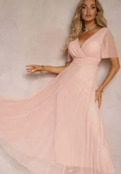 Różowa Siateczkowa Sukienka z Kopertowym Dekoltem Wiązana w Talii Niblea