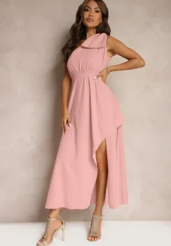 Różowa Sukienka Koktajlowa o Asymetrycznym Kroju na Jedno Ramię Ozdobiona Kokardą Vimorissa
