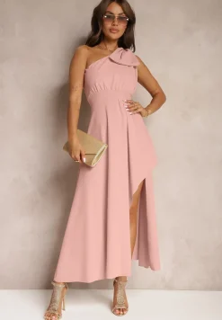 Różowa Sukienka Koktajlowa o Asymetrycznym Kroju na Jedno Ramię Ozdobiona Kokardą Vimorissa