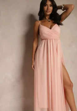 Różowa Sukienka Koktajlowa Ozdobiona Tiulowym Materiałem Deviora